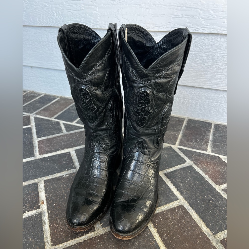 Men’s Black Snake Skin Patterned Leather Cowboy Boots Size 8.5